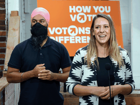 Candidate Ruth Ellen Brosseau at a campaign event with NDP leader Jagmeet Singh in Yamachiche, Quebec on August 29, 2021.