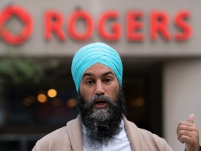 NDP leader Jagmeet Singh makes an announcement regarding cellphone prices in downtown Toronto, Tuesday, Sept. 14, 2021. THE CANADIAN PRESS/Jonathan Hayward