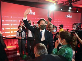 Justin Trudeau, Canada's prime minister, leaves the stage following a Liberal Party election night event in Montreal, Quebec, Canada, in the early hours of Tuesday, Sept. 21, 2021.