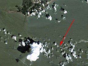 In a satellite image, an oil slick is shown on Thursday south of Port Fourchon, La.
