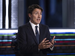 Justin Trudeau, Canada's prime minister, speaks during a federal leaders' debate in Gatineau, Quebec, Canada, on Wednesday, Sept. 8, 2021.