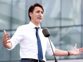 Justin Trudeau during a campaign stop on September 13, 2021 in Vancouver. (Photo by Jeff Vinnick/Getty Images