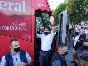 Liberal Leader Justin Trudeau arrives at a campaign stop in Newmarket, Ont., on Sept. 5, 2021.