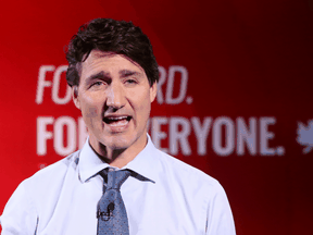 Liberal Leader Justin Trudeau speaks during a campaign stop in Toronto, September 1, 2021.