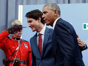 Justin Trudeau greets Barack Obama as the then U.S. president arrives for a North American Leaders' Summit in Ottawa on June 29, 2016. Obama has endorsed Trudeau for  the Sept. 20, 2021, federal election.