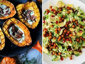Roasted acorn squash with maple goat cheese and pecans, left, and shaved Brussels sprouts salad with crispy chickpeas from Vegetables: A Love Story