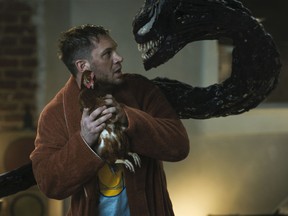 Tom Hardy faces off against Venom (voice of Tom Hardy) in Let There Be Carnage.