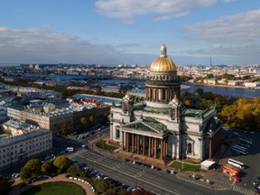 An aerial view shows St. Isaac's Cathedral, which will host the wedding of Grand Duke of Russia George Romanov and his Italian fiancée Victoria Bettarini, in central Saint Petersburg, Russia September 30, 2021.