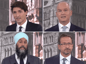 From left, top row: Liberal Leader Justin Trudeau, Conservative Leader Erin O'Toole, NDP Leader Jagmeet Singh and Bloc Quebecois Leader Yves-Francois Blanchet during the French-language leaders debate in Montreal on Thursday. September 2, 2021.