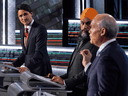 Liberal Leader Justin Trudeau, NDP Leader Jagmeet Singh and Conservative Leader Erin O'Toole during the federal election English-language leaders debate in Gatineau, Que., on Sept. 9, 2021.