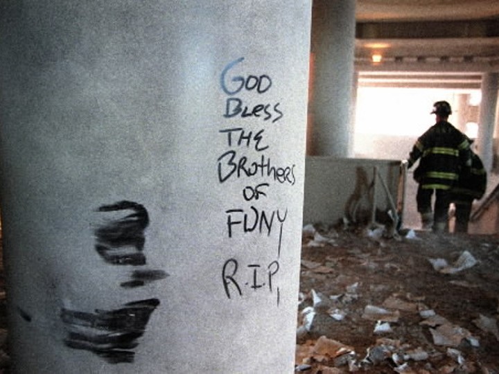  A message is scrawled in ash on a column inside One Financial Center, adjacent to the World Trade Center ruins.