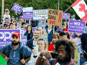 People’s Party of Canada supporters protest after leader Maxime Bernier was not invited to the two federal election debates held at the Canadian Museum of History in Gatineau, Quebec.