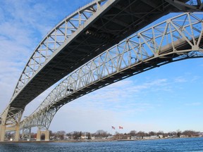 The twin spans of the Blue Water Bridge are shown from Point Edward.