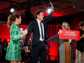 Prime Minister Justin Trudeau, flanked by wife Sophie Gregoire-Trudeau and children Ella-Grace and Xavier, delivers his victory speech in Montreal on election night.