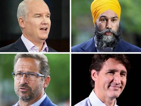 Clockwise from top left: Erin O'Toole, Jagmeet Singh, Yves-François Blanchet and Justin Trudeau.