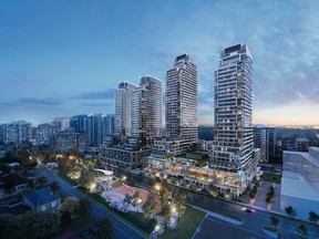 Suites in the 40- and 34-storey towers will be linked by an eight-storey podium; a later release of townhomes is also planned.