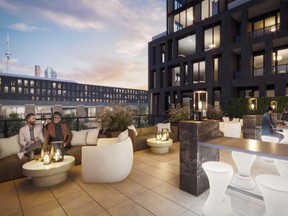The rooftop terrace is “similar to what you’d see on Adelaide or Richmond,” says interior designer Melandro Quilatan. Lit stools “define the mood come sundown.”