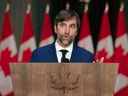Minister of Environment and Climate Change Steven Guilbeault speaks during a press conference in Ottawa on Oct. 26, 2021.