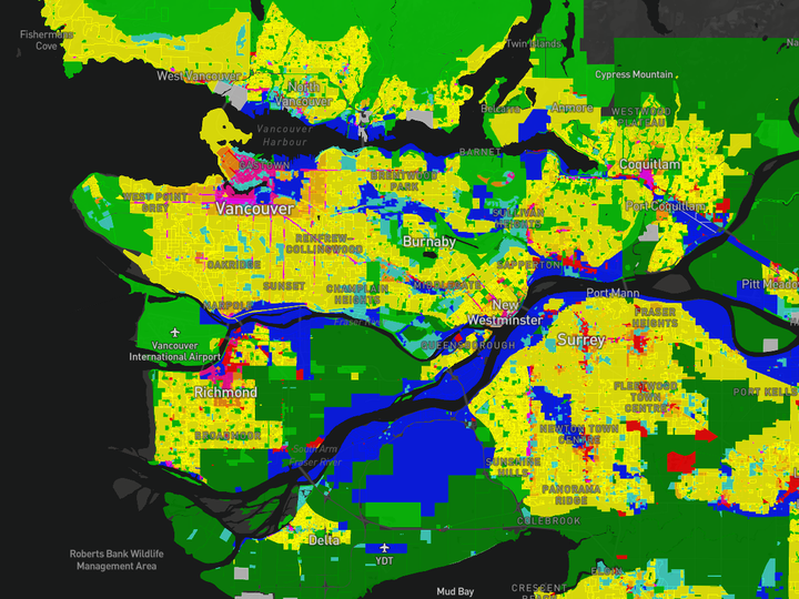  A screenshot of the Metro Vancouver Zoning Project. Every patch of yellow indicates where it’s illegal to build anything except a detached home or duplex.