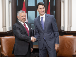 Prime Minister Justin Trudeau meets with King Abdullah II of Jordan on Parliament Hill in 2019.