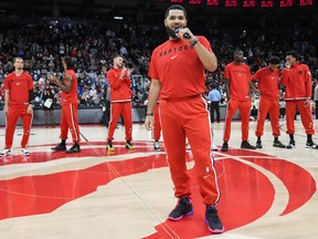 Fred VanVleet #23 of the Toronto Raptors speaks to the crowd during home opener night before playing the Washington Wizards at Scotiabank Arena on October 20, 2021.