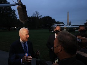 President Joe Biden briefly speaks to reporters about his Build Back Better legislation and Taiwan after returning to the White House on Oct. 05, 2021 in Washington, DC.