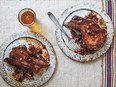 Charred pork chop with apple and sea buckthorn sauce from Amber and Rye