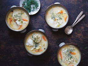 Creamy fish soup with parsley dumplings from Amber & Rye