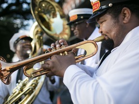 Second-line musicians perform in the French Quarter in New Orleans.