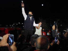 Calgary Skyview Liberal candidate George Chahal thanks supporters outside his campaign headquarters on election night.