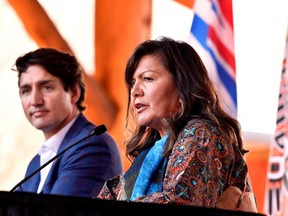 Kukpi7 Rosanne Casimir speak to the press and Tk'emlups te Secweepemc community members during a visit from Canada's Prime Minister Justin Trudeau at the Tk'emlups Pow wow Arbour in Kamloops, British Columbia, Canada, October 18, 2021.