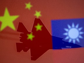 Chinese, Taiwanese flags and military airplanes displayed in this illustration