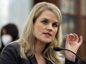 Facebook whistleblower Frances Haugen testifies during a Senate Commerce, Science and Transportation Committee hearing on Capitol Hill in Washington on Oct. 5, 2021. If Haugen lived in Canada, she may never have come forward, writes Sabrina Maddeaux.