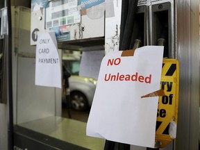 A gas station in London, England, indicates it's run out of fuel on Oct. 7, 2021.