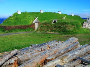 Ancient homes of Viking settlers in L'Anse aux Meadows national historic site on the far northern tip of Newfoundland.