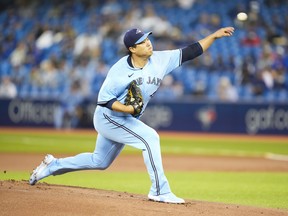 Hyun Jin Ryu, #99 of the Toronto Blue Jays, pitches to the Baltimore Orioles in the first inning of their MLB game at the Rogers Centre on October 3, 2021 in Toronto.