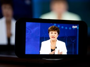 Kristalina Georgieva, managing director of the International Monetary Fund (IMF), speaks during a virtual opening press conference for the annual meetings of the IMF and World Bank Group in New York, on Oct. 13.