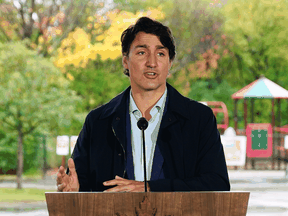 Prime Minister Justin Trudeau speaks during a press conference as he visits the Children's Hospital of Eastern Ontario in Ottawa on Oct. 21, 2021.