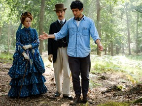 From left, Claire Foy, Benedict Cumberbatch and Will Sharpe on the set of The Electrical Life of Louis Wain.