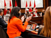NDP Leader Jagmeet Singh addresses his caucus at a meeting in Ottawa on Wednesday, Oct. 6, 2021.
