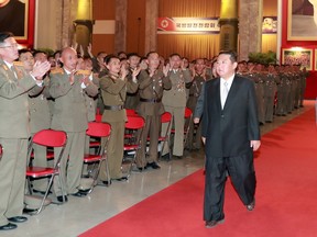 North Korea's leader Kim Jong Un attends the Defence Development Exhibition, in Pyongyang, North Korea, on Oct. 12.