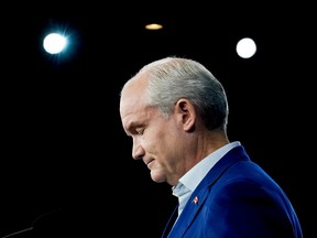 Conservative Leader Erin O'Toole gives his concession speech after the federal election, in Ottawa on Sept. 21, 2021. THE CANADIAN PRESS/Adrian Wyld