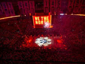 The court is illuminated at Toronto's Scotiabank Arena ahead of Game 2 of the NBA Finals between the Toronto Raptors and the Golden State Warriors, June 2, 2019. The Raptors played in Tampa in the 2020 season due to the pandemic.