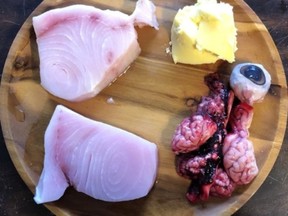 Weston Rowe's dinner of wild swordfish, sheep's brain and eye, some grassfed butter—all raw.