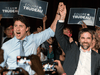Prime Minister Justin Trudeau raises the hand of Steven Guilbeault during an event to launch Guilbeault’s candidacy for the Liberal party of Canada, in Montreal on July 10, 2019.