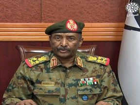 Army general Abdel Fattah al-Burhan addresses the Sudanese people on October 25, 2021, and announces the formation of a new government after armed forces detained leaders Monday in what activists denounced as a "coup".