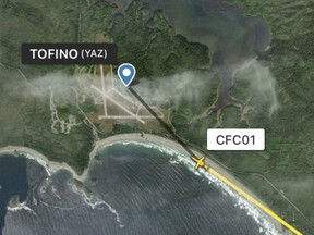 Canada's official prime ministerial jet is tracked approaching the Tofino airport.