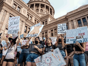 Protesters take part in a pro-choice rally at the State Capitol in Austin, Texas. on October 2, 2021.