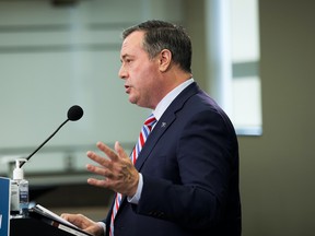 Premier Jason Kenney discusses the results of the recent equalization and daylight saving referendums and the vote for Senate nominees on Tuesday, Oct. 26, 2021 in Edmonton.