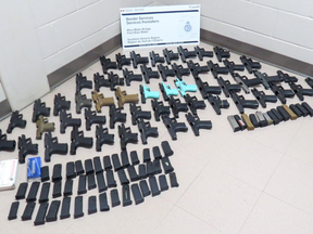 A giant pile of U.S. guns that was seized earlier this month by the Canadian Border Services Agency at a border crossing near Sarnia, Ont. One of the major problems with any attempt to curb Canadian handgun violence via gun control is that most handguns used for crime in Canada are already illegal.